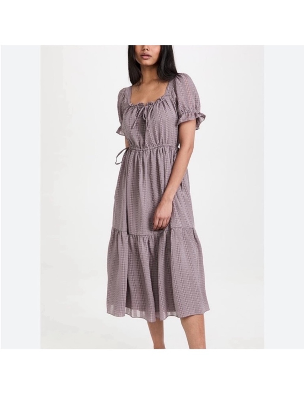 Smocked Square-Neck Midi Dress in Fig Mauve